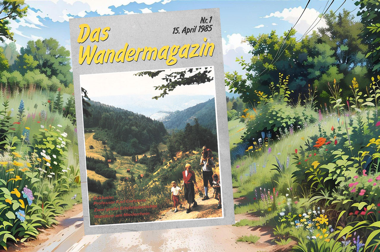 Das Cover der ersten Wandermagazin-Ausgabe © Hintergrundbild pixabay, Ai generiertes Bild