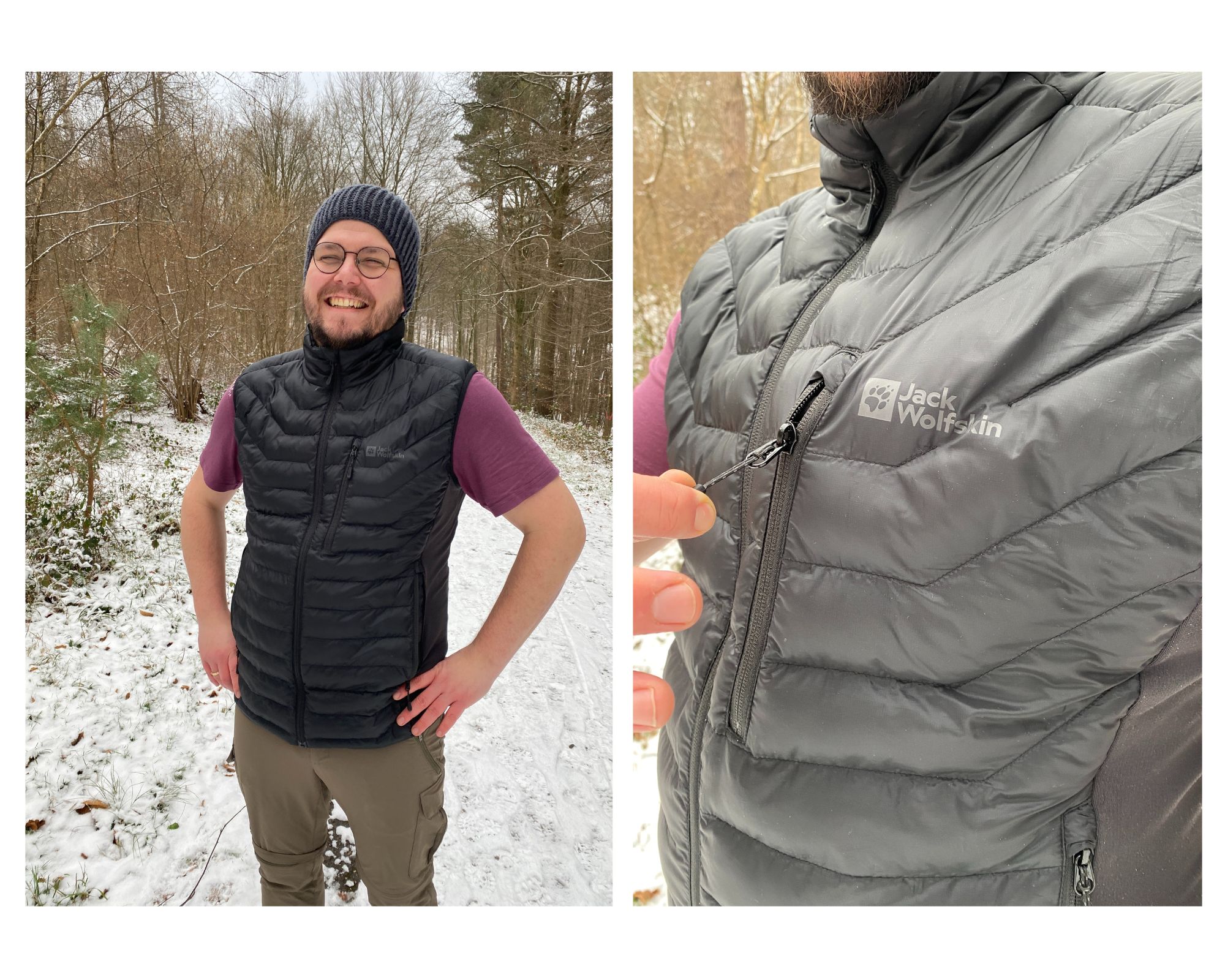 Redakteur Merlin mit der Weste von Jack Wolfskin im Wald mit Schnee